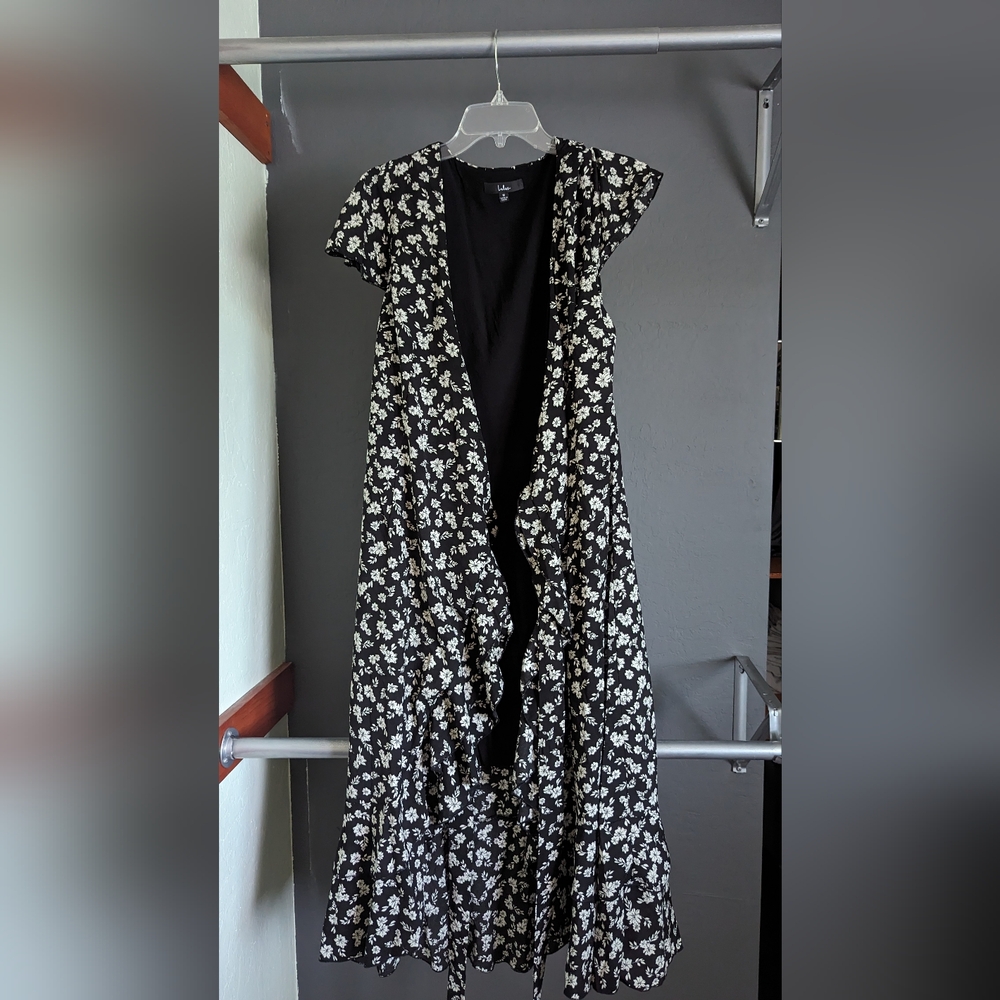 Lulu's Beautiful Aura Black Floral Ruffled Wrap Midi Dress